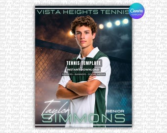May include: A digital graphic template for a tennis poster featuring a person with curly brown hair wearing a white and dark green polo shirt. The text reads VISTA HEIGHTS TENNIS, TENNIS TEMPLATE, INSTANT DOWNLOAD, POSTERS, BANNERS, SOCIAL MEDIA, Taylor SIMMONS, and SENIOR.
