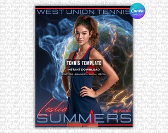 May include: A digital tennis template featuring a person in a navy blue and red athletic dress. The text reads WEST UNION TENNIS, TENNIS TEMPLATE, INSTANT DOWNLOAD, POSTERS, BANNERS, SOCIAL MEDIA, Leslie SUMMERS, and SENIOR against a blue smoke background.