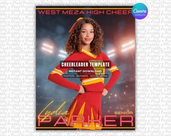 May include: A digital template for a cheerleader featuring a person with curly brown hair wearing a red and yellow long-sleeved uniform with a matching skirt. The text reads WEST MEZA HIGH CHEER, CHEERLEADER TEMPLATE, INSTANT DOWNLOAD, LYDIA PARKER, and SENIOR.