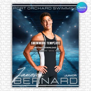 Könnte beinhalten: Eine digitale Grafikvorlage mit einem Schwimmer in einem schwarz-weißen Rennanzug vor einem blauen Poolhintergrund. Der Text umfasst PORT ORCHARD SWIMMING, SWIMMING TEMPLATE, INSTANT DOWNLOAD, POSTERS, BANNERS, SOCIAL MEDIA, JAMESON BERNARD und JUNIOR.