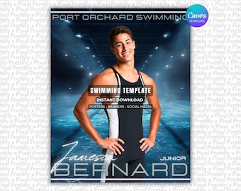 May include: A digital graphic template featuring a swimmer in a black and white racing suit against a blue pool background. Text includes PORT ORCHARD SWIMMING, SWIMMING TEMPLATE, INSTANT DOWNLOAD, POSTERS, BANNERS, SOCIAL MEDIA, JAMESON BERNARD, and JUNIOR.