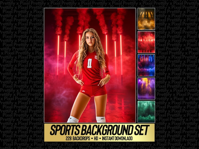 May include: A young woman in a red volleyball uniform stands in front of a red and pink background with vertical neon lights and smoke effects. The image includes a Sports Background Set with 228 backdrops.