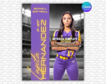 May include: A digital graphic template featuring a softball player in a purple and yellow uniform with the number 17. The design includes a purple sidebar with the text BIDWELL SOFTBALL, P-#17, and LUPITA HERNANDEZ, plus SOTBALLL TEMPLATE INSTANT DOWNLOAD.