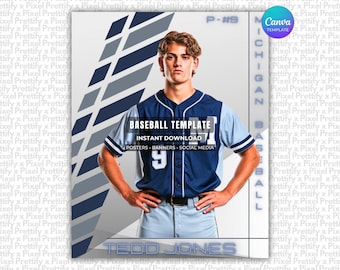 May include: A digital baseball template featuring a player in a navy blue and light blue jersey with the number 9. The design includes the text BASEBALL TEMPLATE, INSTANT DOWNLOAD, POSTERS, BANNERS, SOCIAL MEDIA, P-#9, MICHIGAN, and TEDD JONES.