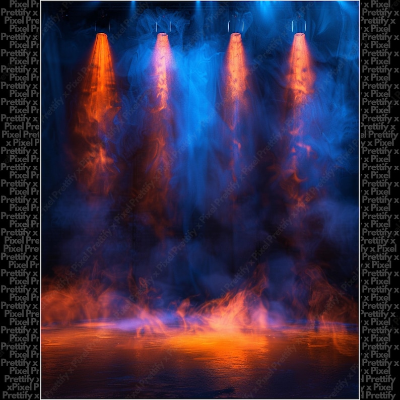 May include: A dramatic stage scene with orange spotlights and blue and orange smoke. The lights shine down, illuminating the smoky atmosphere. The stage floor reflects the light, creating a vibrant and dynamic visual.