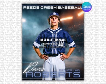 May include: A digital graphic template featuring a baseball player in a blue jersey and white pants. Text reads: REEDS CREEK BASEBALL, BASEBALL TEMPLATE, INSTANT DOWNLOAD, POSTERS, BANNERS, SOCIAL MEDIA, Davis ROBERTS, PITCHER - #10. Stadium lights background.