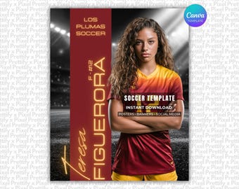 May include: A digital graphic template featuring a soccer player wearing a red and yellow jersey with the number 12. The design includes text reading LOS PLUMAS SOCCER, F-12, TERESA FIGUEROA, SOCCER TEMPLATE, INSTANT DOWNLOAD, POSTERS, BANNERS, SOCIAL MEDIA.