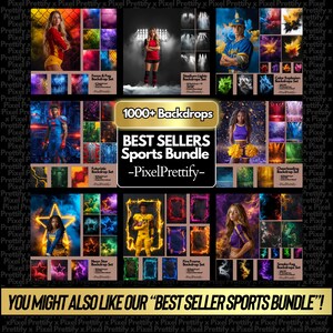 May include: A promotional image showcasing a sports-themed backdrop bundle. The image features various sports-related graphics and models, with text that reads "1000+ Backdrops" and "Best Sellers Sports Bundle -PixelPrettify-".