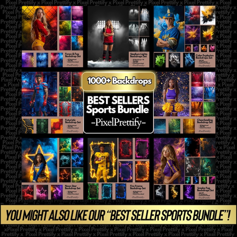 May include: A promotional image showcasing a sports-themed backdrop bundle. The image features various sports-related graphics and models, with text that reads "1000+ Backdrops" and "Best Sellers Sports Bundle -PixelPrettify-".