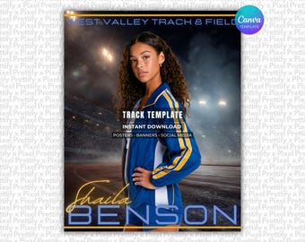 May include: A digital graphic template for West Valley Track & Field featuring a person in a blue and yellow athletic jacket. The text reads West Valley Track & Field, Track Template, Instant Download, Posters, Banners, Social Media, and Shaila Benson.