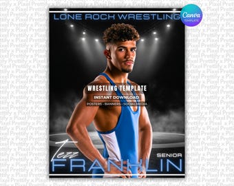 May include: A digital graphic template for a wrestling poster featuring a person in a blue and white singlet. The text reads LONE ROCK WRESTLING, WRESTLING TEMPLATE, INSTANT DOWNLOAD, POSTERS, BANNERS, SOCIAL MEDIA, and the name JEZZ FRANKLIN.