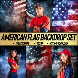 May include: Set of 18 digital backdrops featuring the American flag with smoke effects. The backdrops are 300 DPI and are available for instant download.
