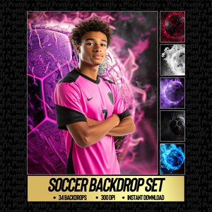 May include: A young person in a pink soccer jersey with black accents stands in front of a purple soccer ball graphic. The image includes a gold banner that reads "SOCCER BACKDROP SET" with details about the product.