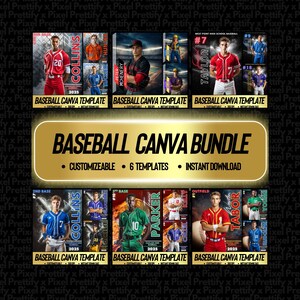 May include: A digital bundle of six baseball Canva templates featuring various athletic designs with players in uniforms, stadium backgrounds, and bold text elements. The central graphic displays the text BASEBALL CANVA BUNDLE.