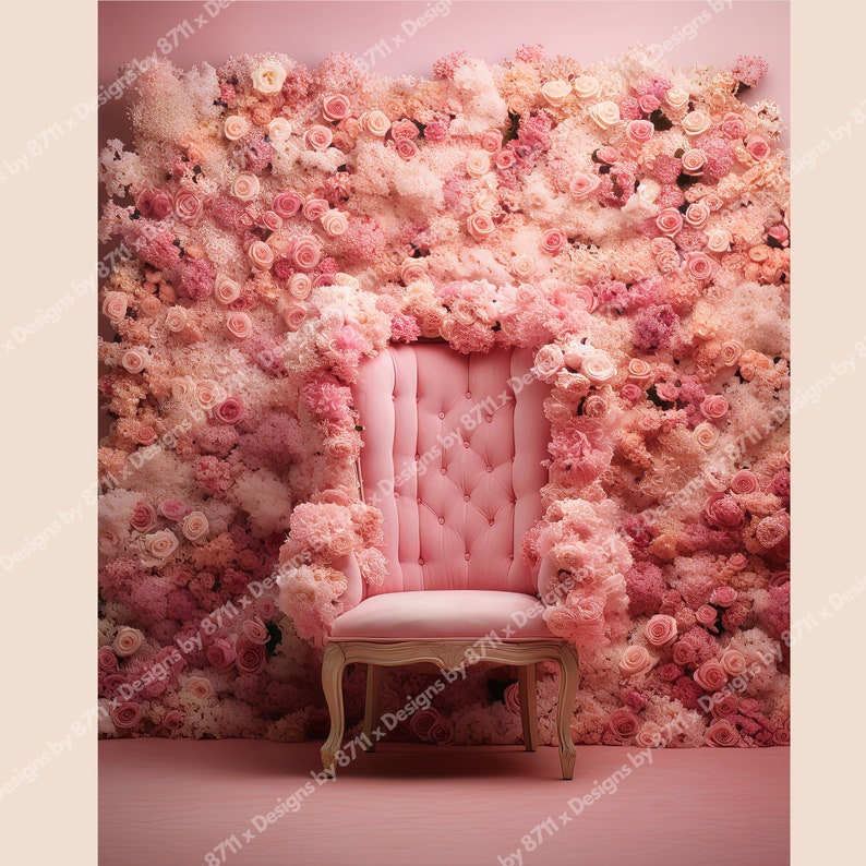 May include: A pink velvet chair with a tufted back and seat sits in front of a wall covered in pink flowers. The chair has a wooden frame and legs.