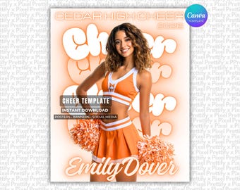 May include: A digital template featuring a person in an orange and white cheerleading uniform with a matching skirt and crop top, holding orange and white pom-poms. The text reads CEDAR HIGH CHEER 2026, CHEER TEMPLATE, INSTANT DOWNLOAD, POSTERS BANNERS SOCIAL MEDIA, and Emily Dover.