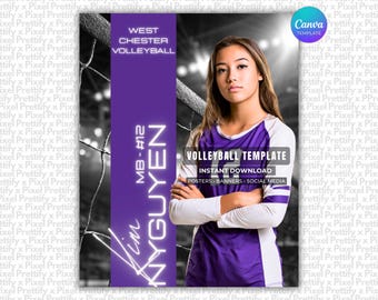 May include: A digital graphic template for a volleyball poster featuring a player in a purple and white jersey with long sleeves. The text reads West Chester Volleyball, MB #12, Kim Nguyen, and Volleyball Template Instant Download.