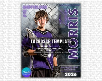 May include: A lacrosse template featuring a young man in a purple and black jersey, holding a lacrosse stick. The design includes the text "LACROSSE TEMPLATE" and "MORRIS" in white and purple. The template is for instant download and includes posters, banners, and social media.