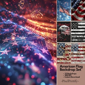 4th of July Digital Backdrops 32 American Flag Backgrounds Independence Day Backdrops Studio Backgrounds Overlay Blue White Red Photography