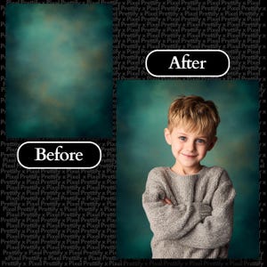 May include: A before-and-after image showcasing a portrait backdrop. The "Before" image displays a teal and brown mottled background. The "After" image features a young boy with blonde hair and a gray sweater, set against the same backdrop.