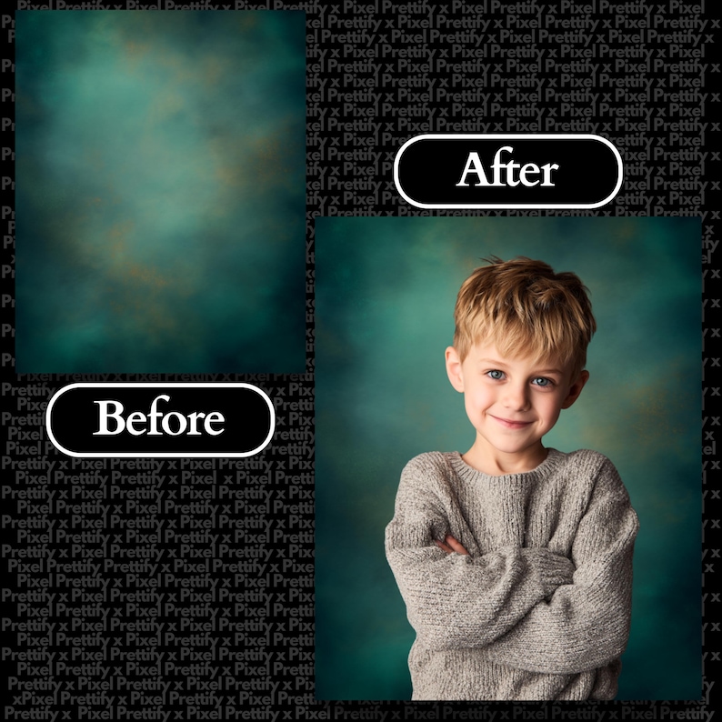 May include: A before-and-after image showcasing a portrait backdrop. The "Before" image displays a teal and brown mottled background. The "After" image features a young boy with blonde hair and a gray sweater, set against the same backdrop.