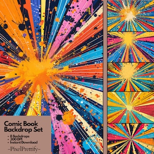 May include: A set of eight comic book style backgrounds with a colorful radial design. The backgrounds feature a variety of colors, including red, orange, yellow, green, blue, and purple. The backgrounds are perfect for creating comic book covers, posters, or other graphic designs.