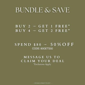 May include: Olive green background with white text promoting bundle deals. Text includes "BUNDLE & SAVE", "BUY 2 GET 1 FREE", "BUY 4 GET 2 FREE", and "SPEND $80 50% OFF". The code "80GETS50" is also displayed.