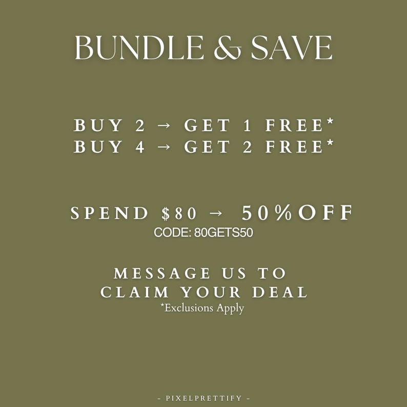 May include: Olive green background with white text promoting bundle deals. Text includes "BUNDLE & SAVE", "BUY 2 GET 1 FREE", "BUY 4 GET 2 FREE", and "SPEND $80 50% OFF". The code "80GETS50" is also displayed.