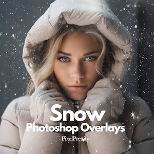 May include: A woman wearing a beige hooded jacket with a fur trim, standing in a snowy setting. The text "Snow Photoshop Overlays -PixelPrettify- " is visible in the image.