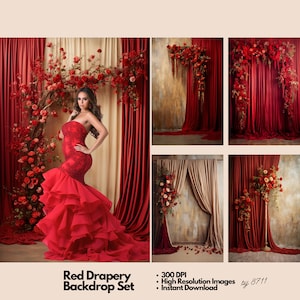 Digital Curtain Backdrops, Red Curtain Background, Digital Professional Studio Backdrops for Photography