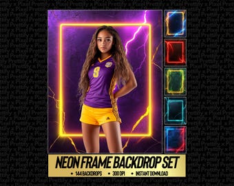 Neon Frame Digital Backdrops: School Color Photography Backgrounds for Sports Posters, Football, Baseball, Soccer, Softball, Seniors