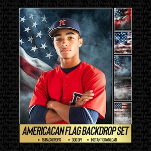 Puede incluir: Un joven con una camiseta de béisbol roja y una gorra azul marino se encuentra frente a un telón de fondo de la bandera estadounidense. La imagen incluye una pancarta dorada que dice "AMERICAN FLAG BACKDROP SET" con detalles del producto.