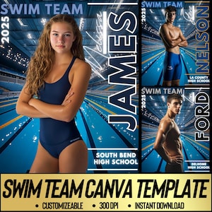 Swimming Poster Canva Template | Swimmer Background For Senior Sports, Custom Swim Photo, & Banner Design | Photoshop Template Alternative