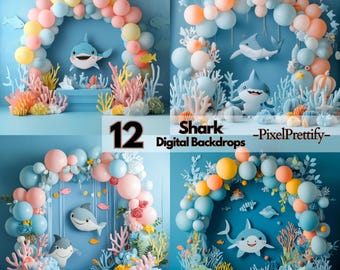 Hai Digitale Kulissen, Hai Baby Geburtstag, Photoshop Overlays, Luftballons Kuchen Smash Hintergrund, Kinderfotografie Studio