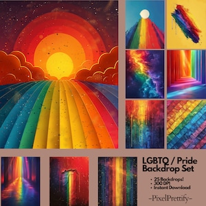 May include: A set of 25 digital backgrounds featuring rainbow colors and various designs, including a sunset, a galaxy, and a brick wall. The text "LGBTQ/Pride Backdrop Set" is at the bottom of the image.  The text "25 Backdrops! 300 DPI Instant Download -PixelPrettify- " is also included.