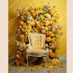 May include: A yellow velvet armchair with a tufted back and seat sits in front of a wall covered in yellow flowers. The wall is painted a bright yellow.