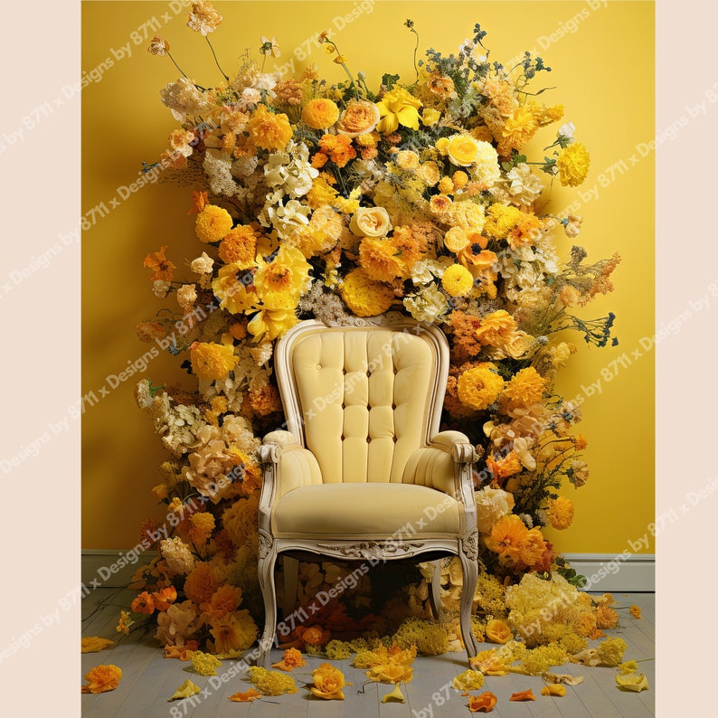 May include: A yellow velvet armchair with a tufted back and seat sits in front of a wall covered in yellow flowers. The wall is painted a bright yellow.