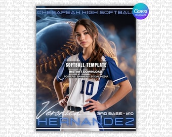 May include: A digital softball template featuring a player in a white and blue jersey with the number 10, text reading CHESAPEAK HIGH SOFTBALL, SOFTBALL TEMPLATE, INSTANT DOWNLOAD, POSTERS, BANNERS, SOCIAL MEDIA, Veronica HERNANDEZ, and 3RD BASE - #10.