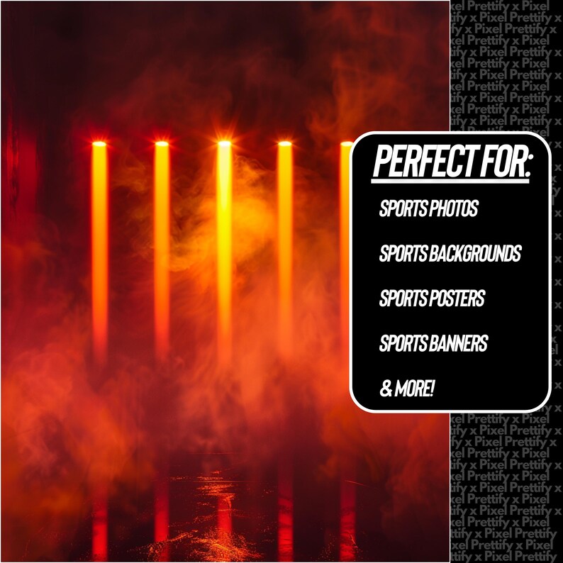 May include: A digital background with vertical orange light beams against a red and orange smoky backdrop. The image includes a black box with white text that reads "PERFECT FOR: SPORTS PHOTOS, SPORTS BACKGROUNDS, SPORTS POSTERS, SPORTS BANNERS & MORE!"