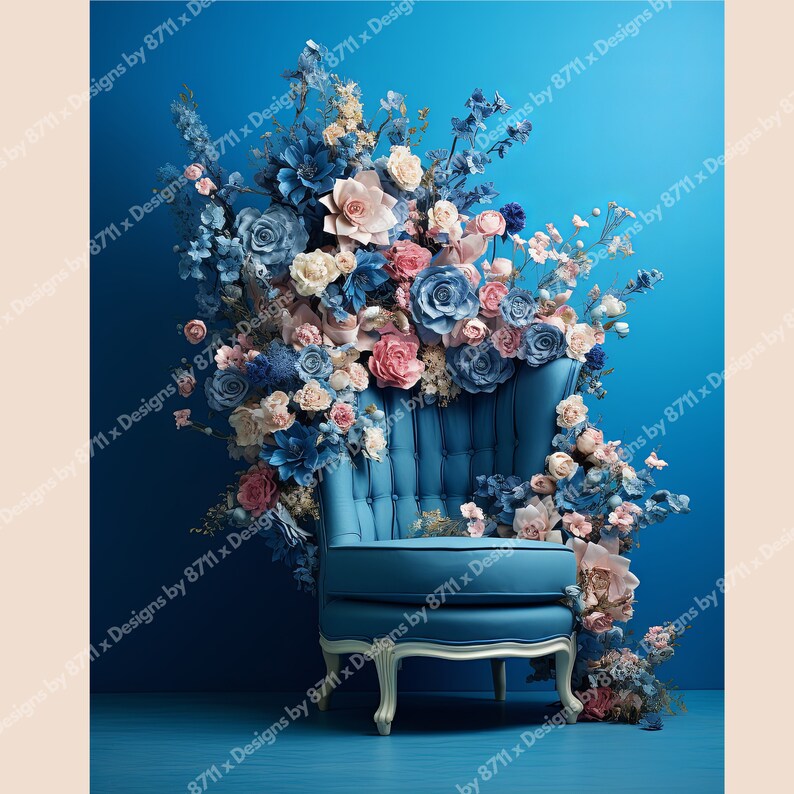May include: A blue velvet armchair with white legs sits in front of a blue wall. The chair is surrounded by a cascade of blue and pink flowers.