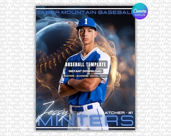May include: A digital baseball template featuring a player in a blue and white uniform with a matching cap numbered 1. The text reads TABOR MOUNTAIN BASEBALL, BASEBALL TEMPLATE, INSTANT DOWNLOAD, POSTERS, BANNERS, SOCIAL MEDIA, JESSY MINTERS, CATCHER #1.