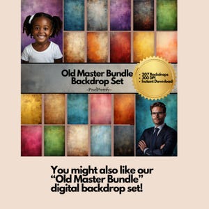 May include: An image showcasing a collection of digital backdrops in various colors and textures. The text reads "Old Master Bundle Backdrop Set" with details about the number of backdrops and DPI. A young girl and a man are also in the image.