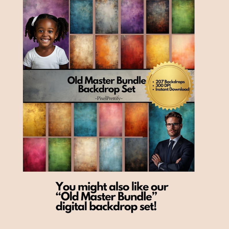 May include: An image showcasing a collection of digital backdrops in various colors and textures. The text reads "Old Master Bundle Backdrop Set" with details about the number of backdrops and DPI. A young girl and a man are also in the image.