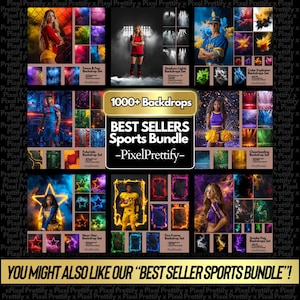 May include: A promotional image showcasing a sports backdrop bundle with various themes. The image features athletes and sports-related graphics, including neon stars, fire frames, and fog effects. Text includes "1000+ Backdrops" and "Best Sellers Sports Bundle -PixelPrettify-".