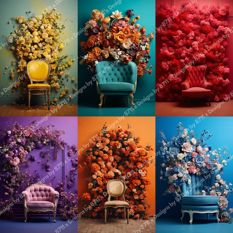 May include: Six different floral backdrops with vintage chairs in various colors. The backdrops are yellow, teal, red, purple, orange, and blue. The chairs are yellow, teal, red, pink, white, and blue.