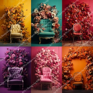 May include: Six different floral arrangements with a vintage-style armchair in each. The armchairs are in various colors, including yellow, teal, red, purple, pink, and orange. The floral arrangements are all different colors and styles, and they are all arranged in a way that creates a beautiful and romantic atmosphere.