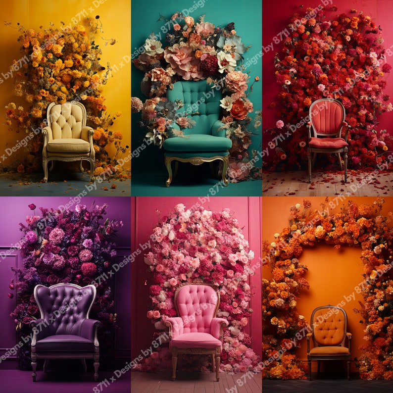 May include: Six different floral arrangements with a vintage-style armchair in each. The armchairs are in various colors, including yellow, teal, red, purple, pink, and orange. The floral arrangements are all different colors and styles, and they are all arranged in a way that creates a beautiful and romantic atmosphere.