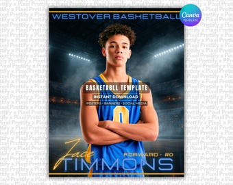 May include: A digital basketball poster template featuring a player in a blue and yellow jersey with the number 0. The text reads WESTOVER BASKETBALL, BASKETBALL TEMPLATE, INSTANT DOWNLOAD, POSTERS, BANNERS, SOCIAL MEDIA, Jace TIMMONS, FORWARD - #0.