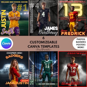 Pacchetto di 6 modelli sportivi Canva / Crea poster personalizzati, banner per anziani, carte da baseball, sfondi per football e basket, modelli fotografici
