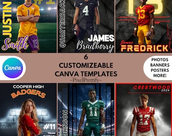 6 Canva Sports Templates Bundle | Create Custom Posters, Senior Banners, Baseball Cards, Football & Basketball Backdrops, Photo Templates